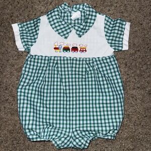 Vintage Alexis Romper Baby Boy‎ 18 Mo Green Gingham Embroidered Trains USA Made